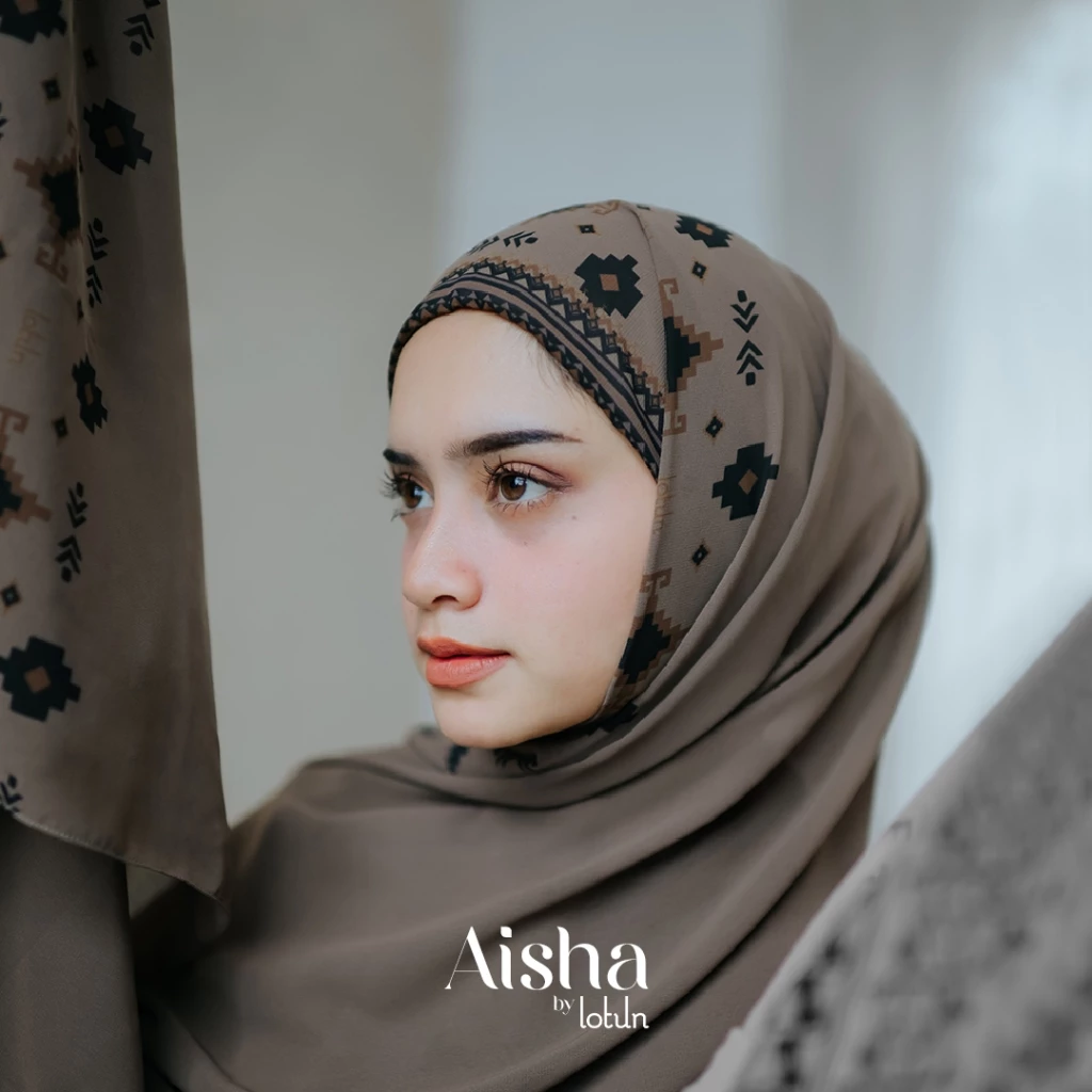 Lotun Aisha Series - Hijab Pashmina Instan Printing Motif Etnik Material Premium - Coklat Tua
